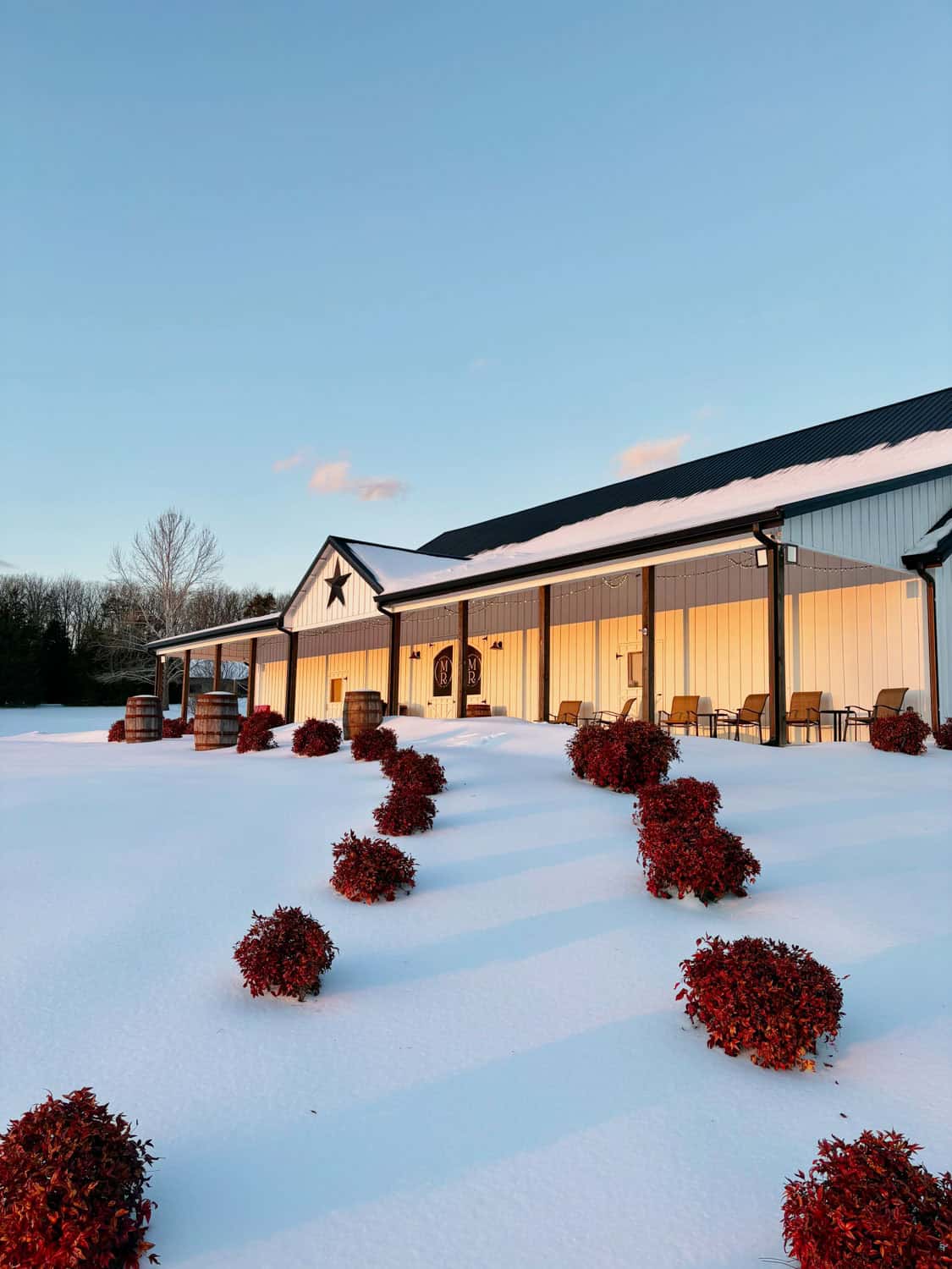 Snow-covered Mountain Ridge Venue with red bushes and clear sky.